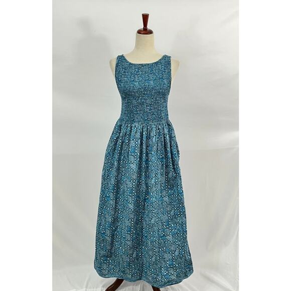 HILL HOUSE Sz S Small Blue Navy Calico Trellis Cosima Nap Dress Midi Cotton - Picture 7 of 9